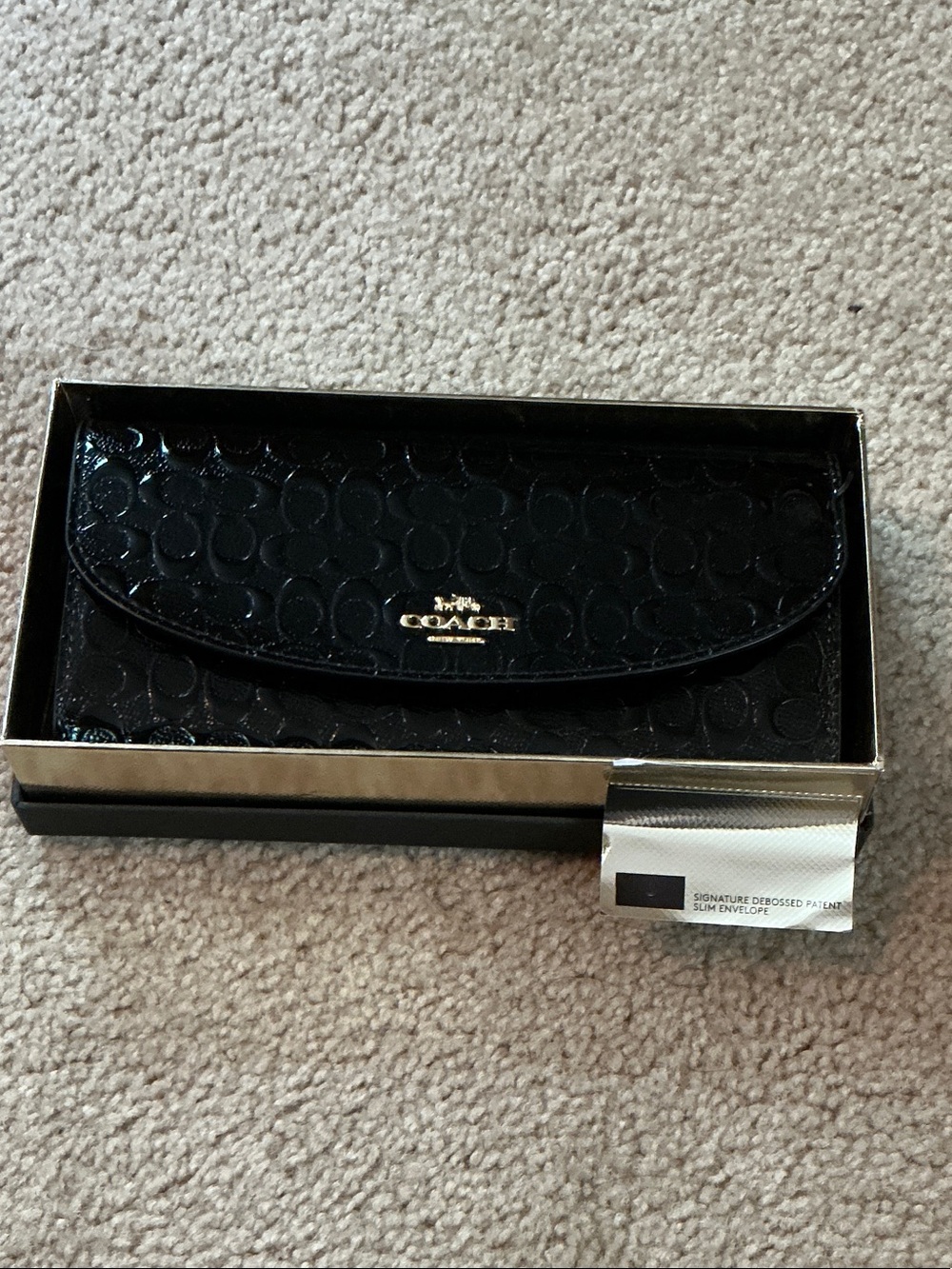 Coach Black Patent Signature Envelope Wallet with Gold Logo